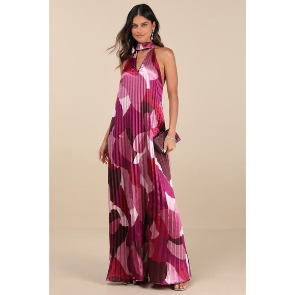 Lulus Prime Poise Dress Women's M Pink Maxi Multi Abstract Satin Halter NWT - Picture 2 of 11